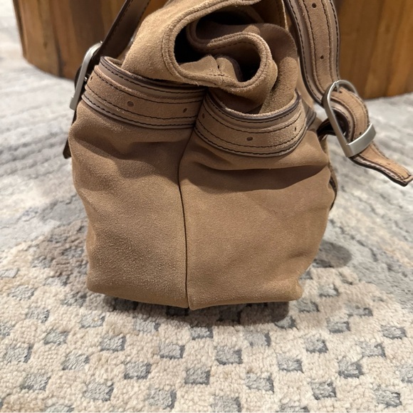 Longaberger Fold Over Hobo Handbag Purse Suede Leather Taupe Sisters P - Picture 5 of 12